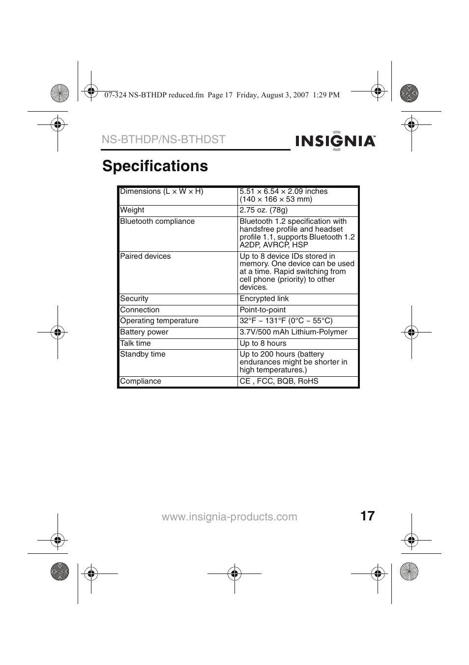 Specifications, Ns-bthdp/ns-bthdst | Insignia NS-BTHDST User Manual | Page 19 / 72