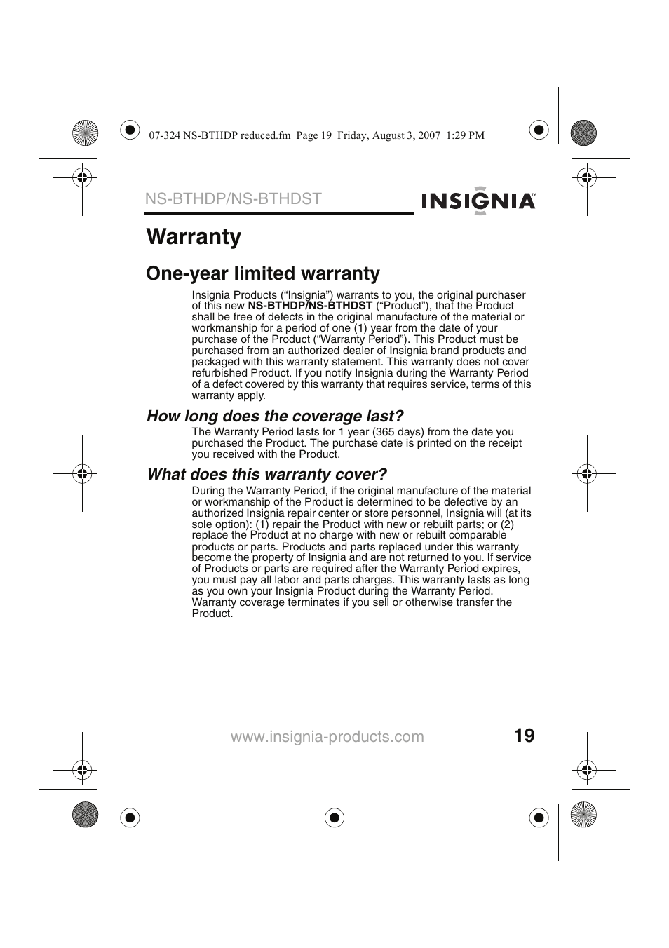 Warranty, One-year limited warranty | Insignia NS-BTHDST User Manual | Page 21 / 72