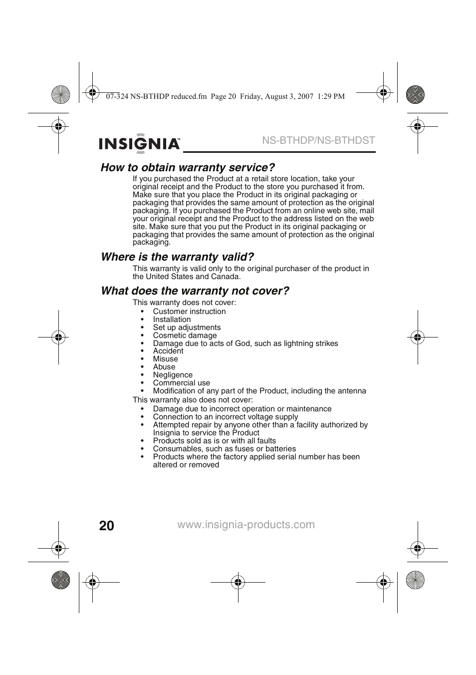 How to obtain warranty service, Where is the warranty valid, What does the warranty not cover | Ns-bthdp/ns-bthdst | Insignia NS-BTHDST User Manual | Page 22 / 72