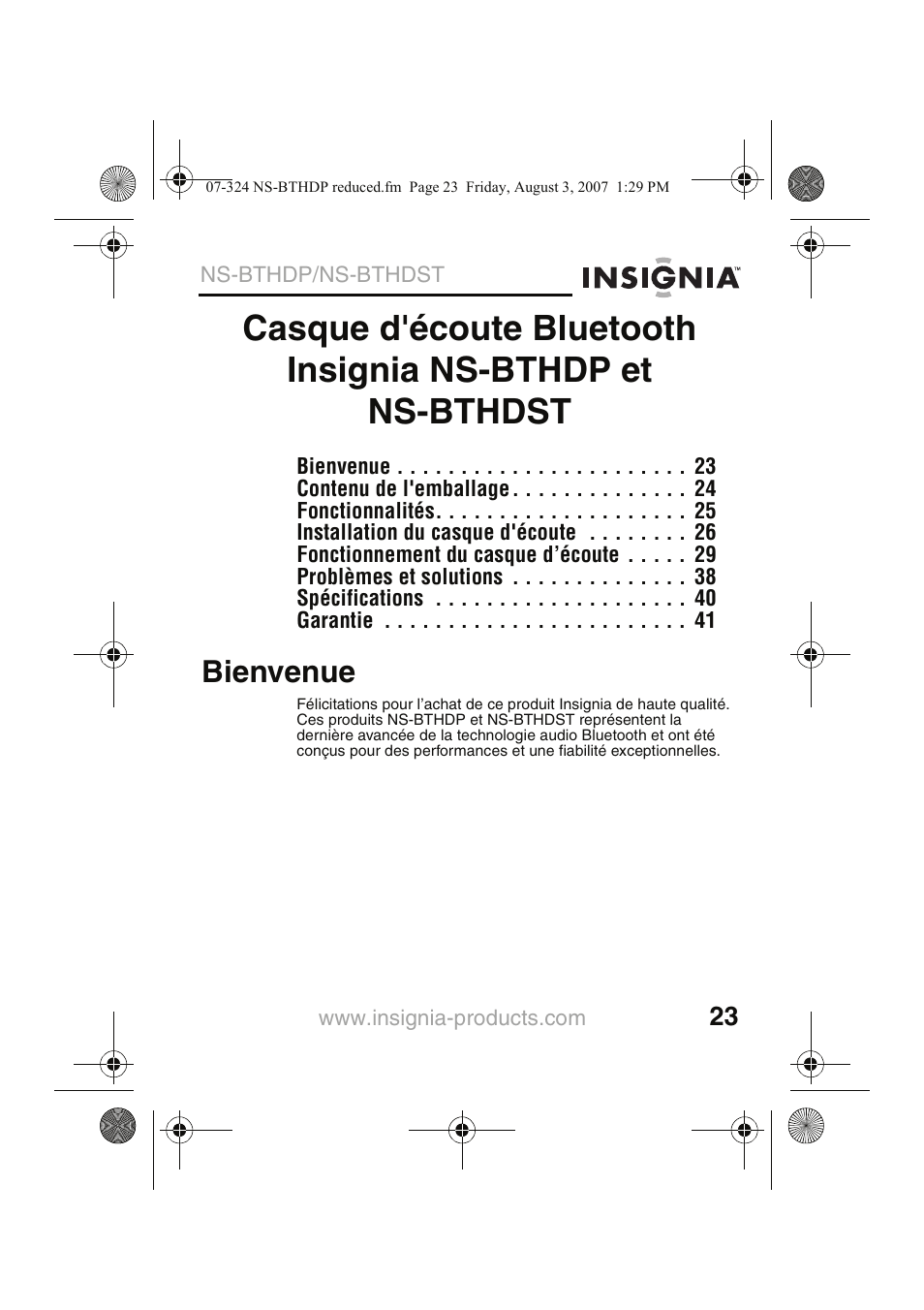 Bienvenue | Insignia NS-BTHDST User Manual | Page 25 / 72