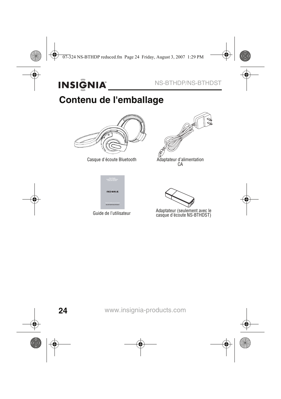 Contenu de l'emballage, Ns-bthdp/ns-bthdst | Insignia NS-BTHDST User Manual | Page 26 / 72