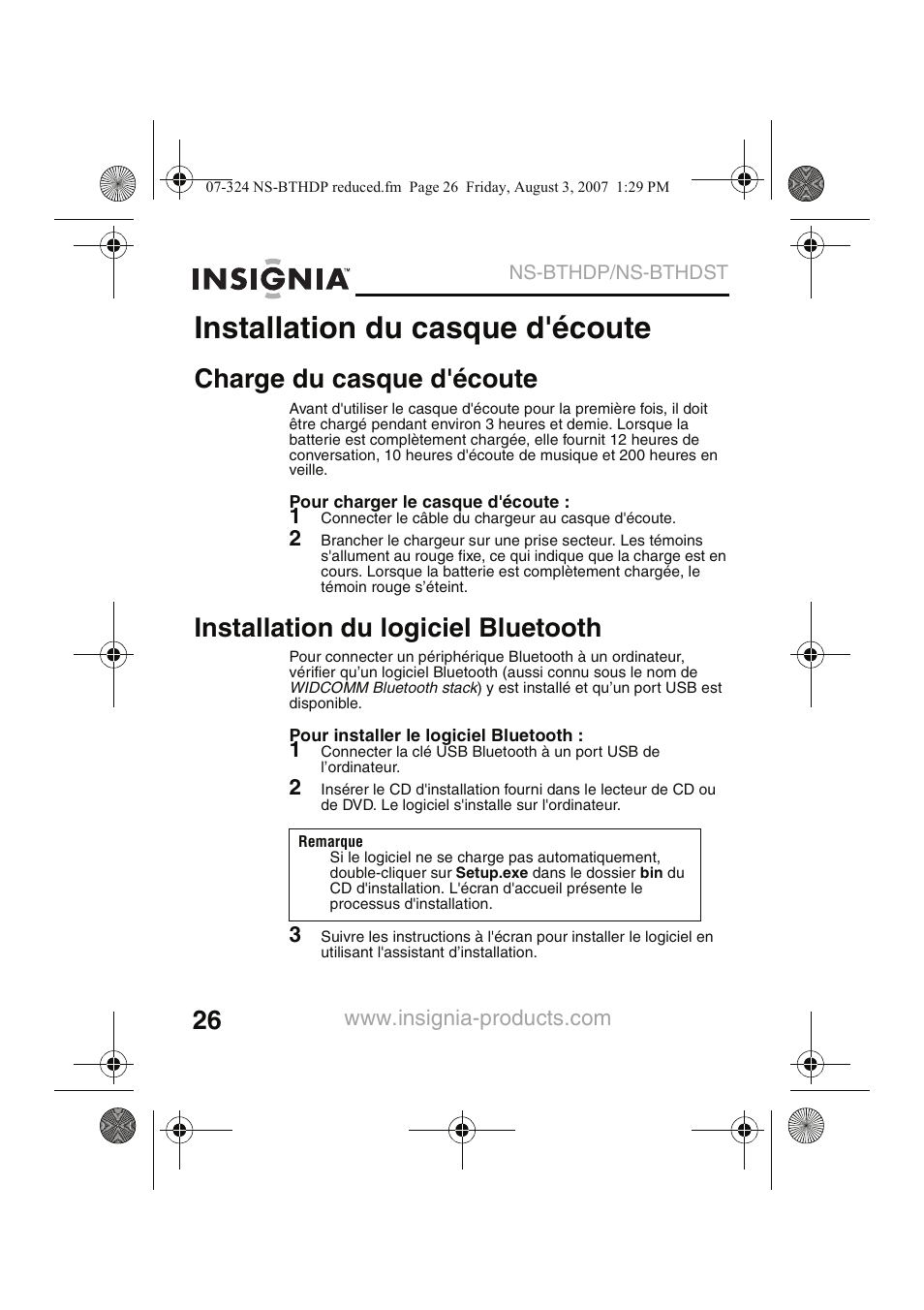Installation du casque d'écoute, Charge du casque d'écoute, Installation du logiciel bluetooth | Insignia NS-BTHDST User Manual | Page 28 / 72