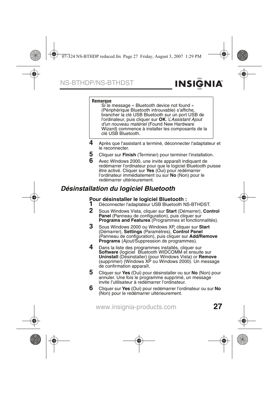 Désinstallation du logiciel bluetooth, Ns-bthdp/ns-bthdst | Insignia NS-BTHDST User Manual | Page 29 / 72