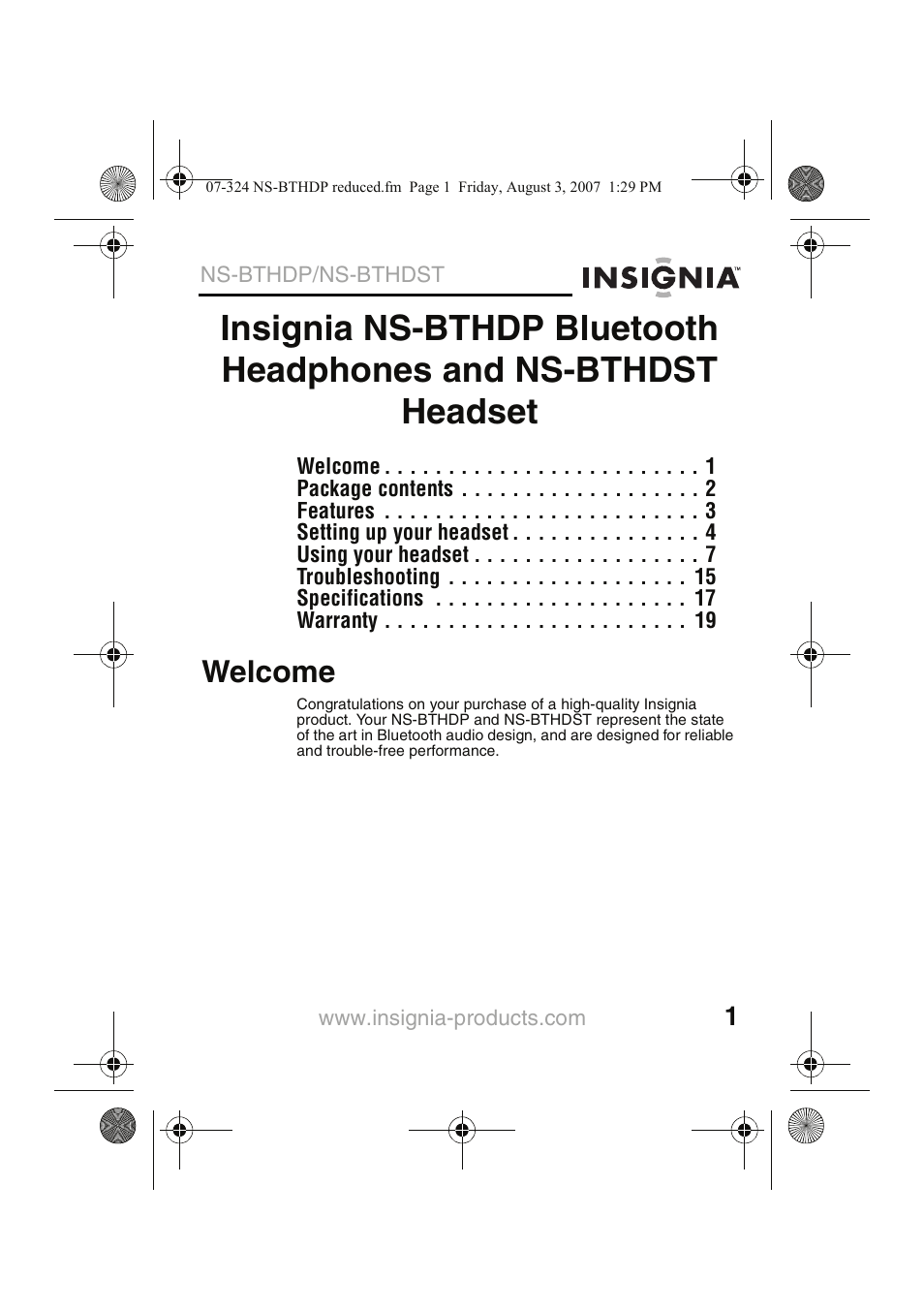 Welcome | Insignia NS-BTHDST User Manual | Page 3 / 72