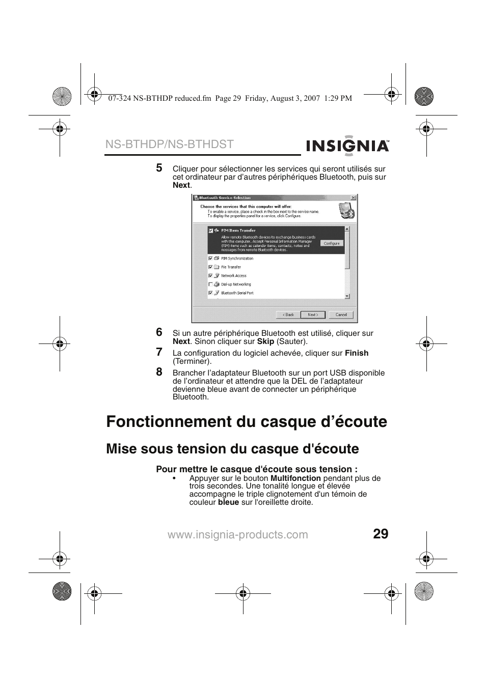 Fonctionnement du casque d’écoute, Mise sous tension du casque d'écoute | Insignia NS-BTHDST User Manual | Page 31 / 72