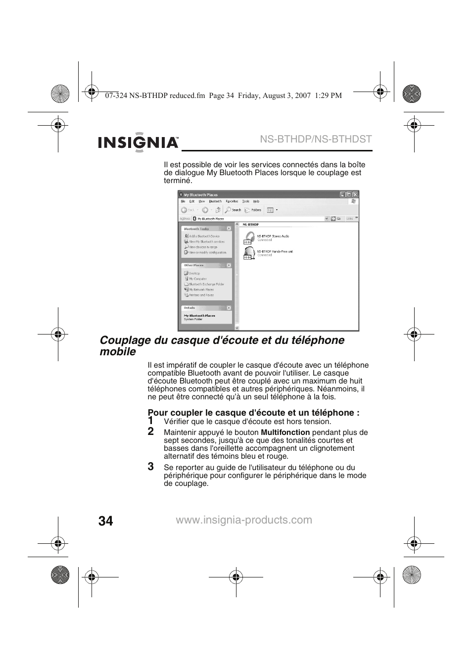 Couplage du casque d'écoute et du téléphone mobile | Insignia NS-BTHDST User Manual | Page 36 / 72