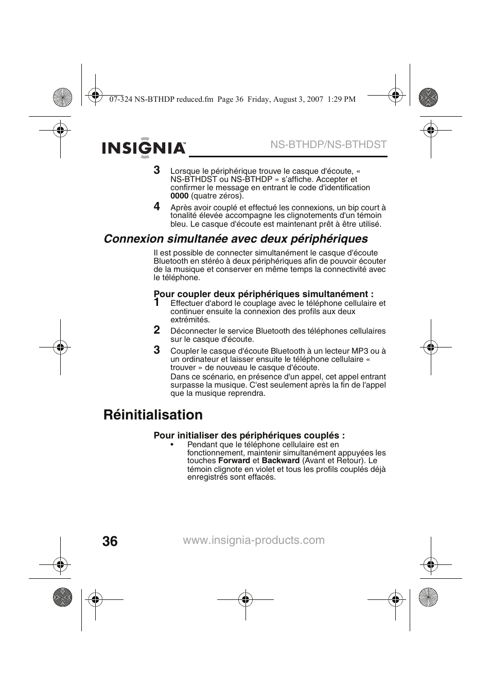 Réinitialisation, Connexion simultanée avec deux périphériques | Insignia NS-BTHDST User Manual | Page 38 / 72