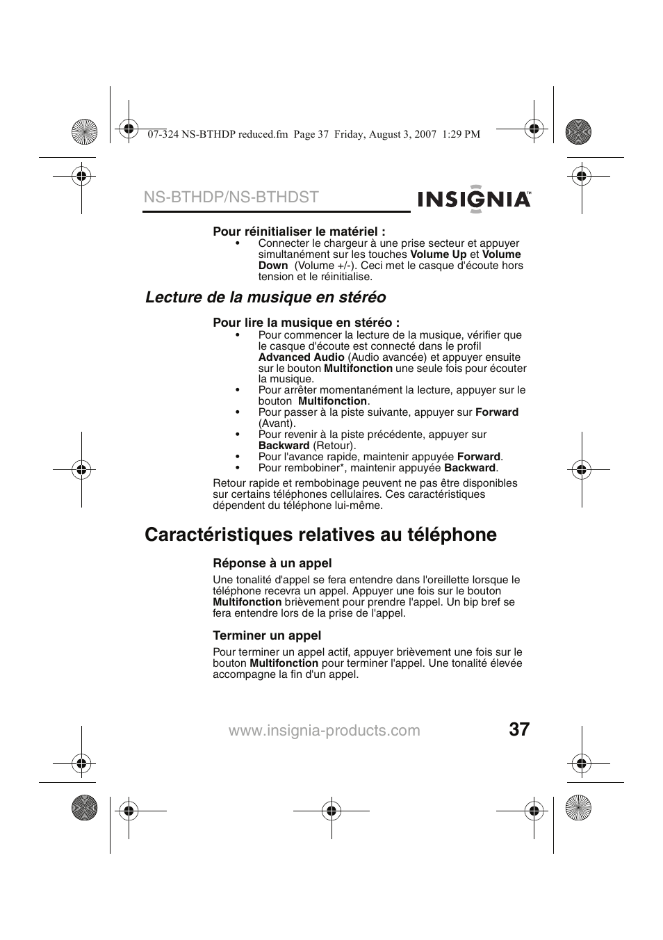 Caractéristiques relatives au téléphone, Lecture de la musique en stéréo, Ns-bthdp/ns-bthdst | Insignia NS-BTHDST User Manual | Page 39 / 72