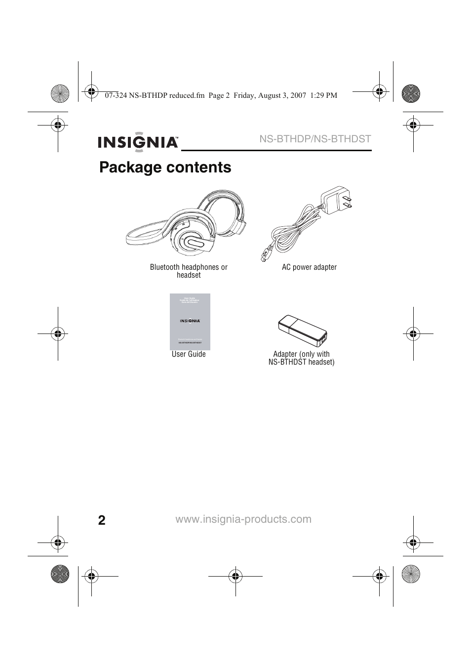 Package contents, Ns-bthdp/ns-bthdst | Insignia NS-BTHDST User Manual | Page 4 / 72