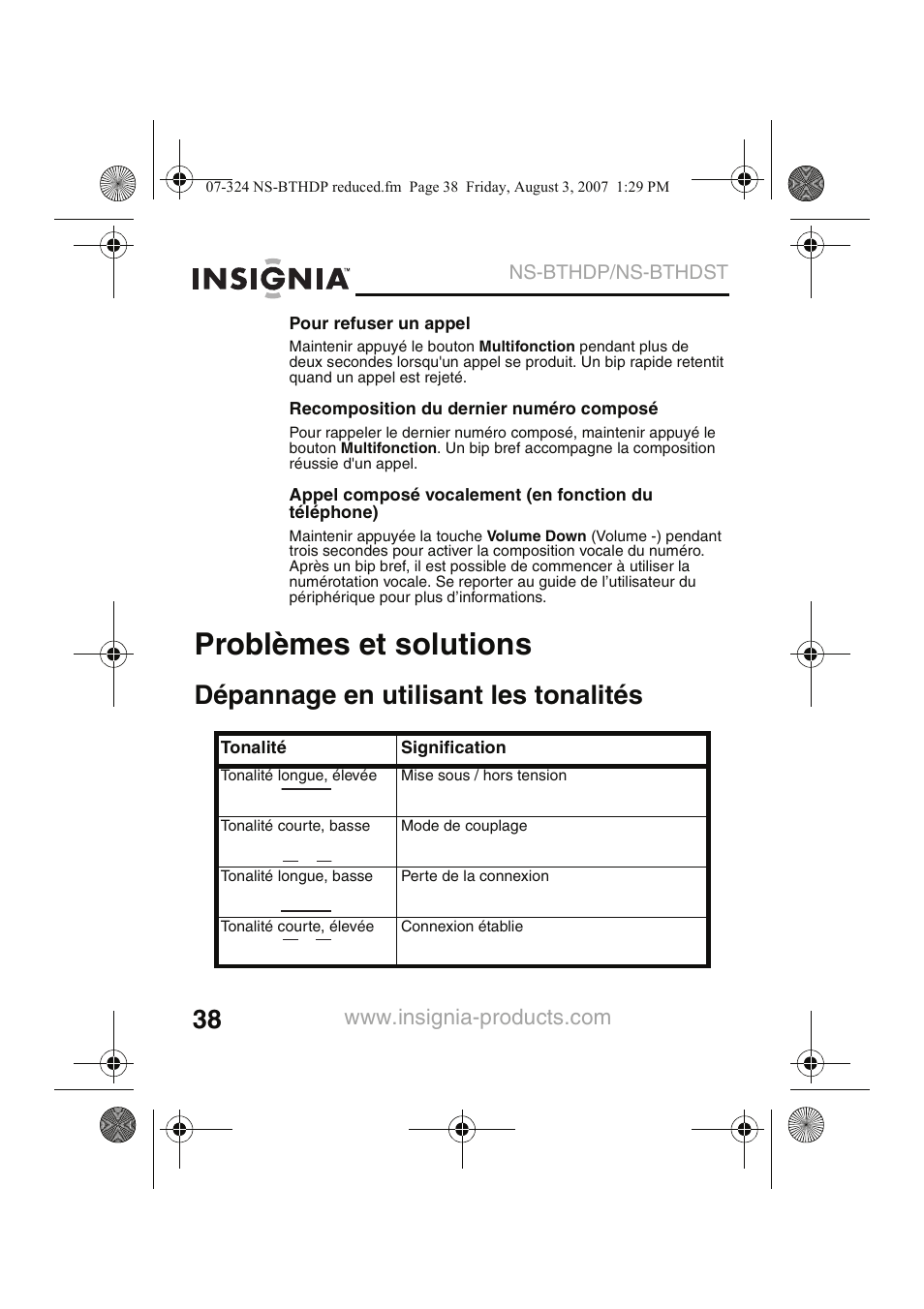 Problèmes et solutions, Dépannage en utilisant les tonalités | Insignia NS-BTHDST User Manual | Page 40 / 72