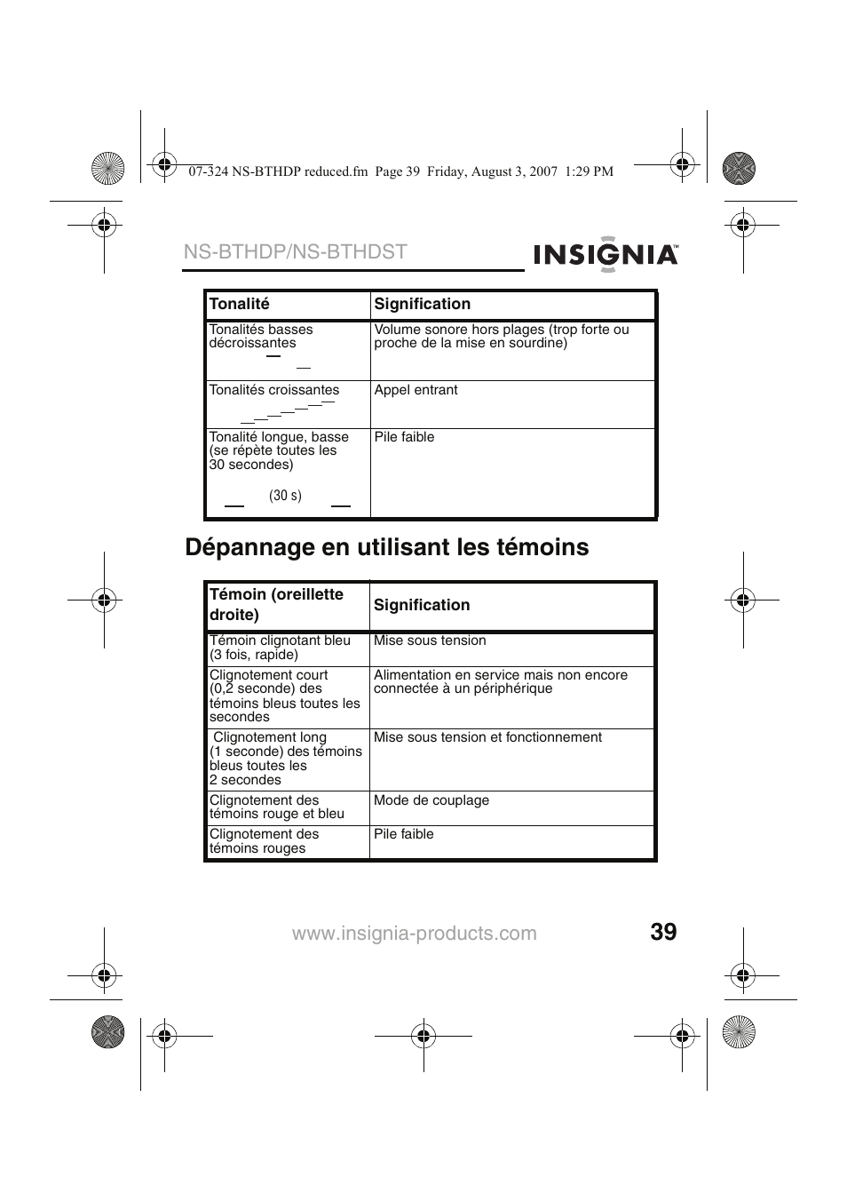 Dépannage en utilisant les témoins, Ns-bthdp/ns-bthdst | Insignia NS-BTHDST User Manual | Page 41 / 72