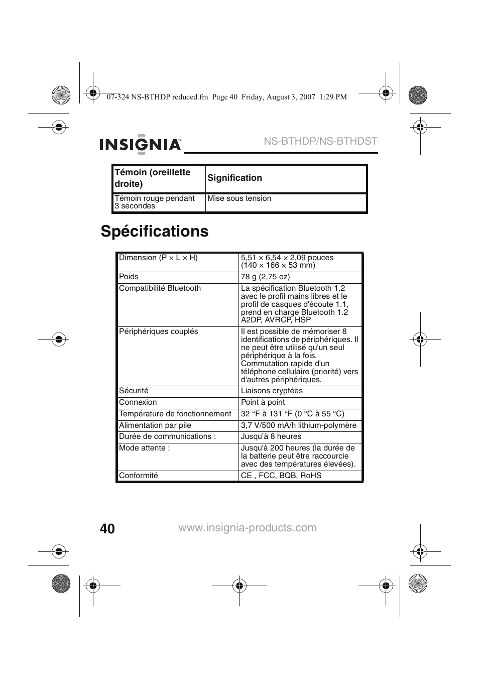 Spécifications, Ns-bthdp/ns-bthdst | Insignia NS-BTHDST User Manual | Page 42 / 72