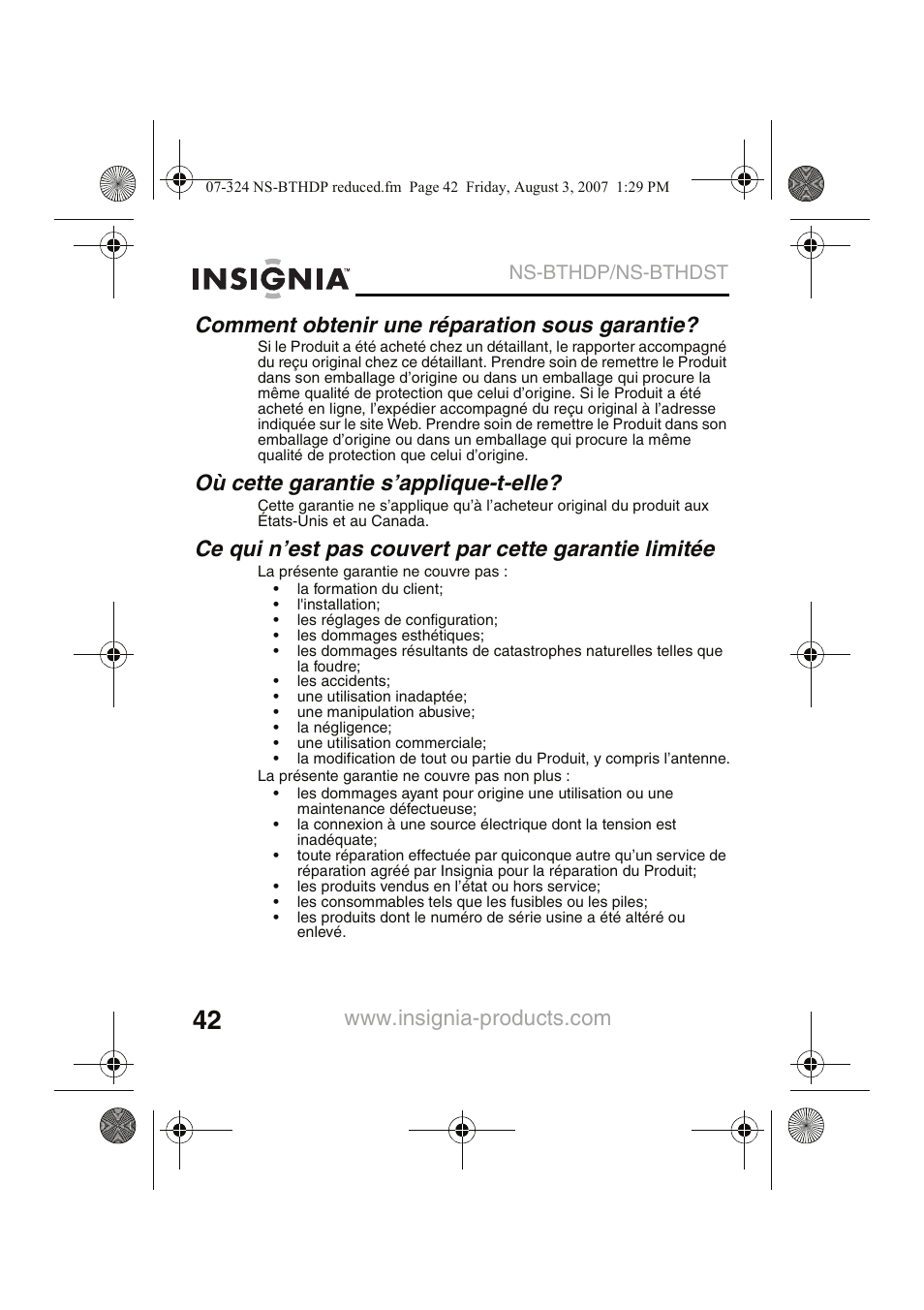 Comment obtenir une réparation sous garantie, Où cette garantie s’applique-t-elle, Ns-bthdp/ns-bthdst | Insignia NS-BTHDST User Manual | Page 44 / 72