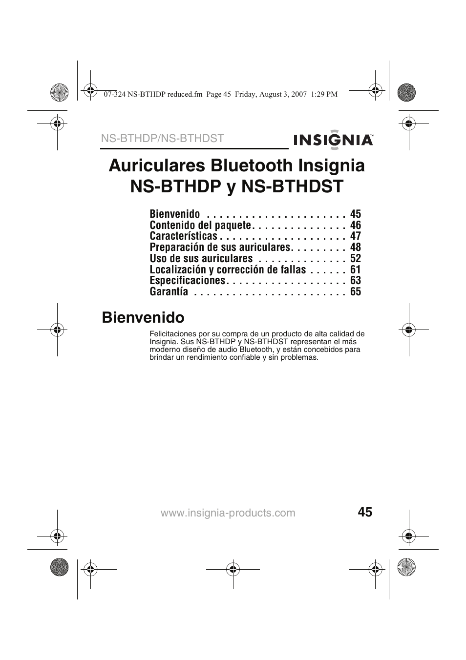 Bienvenido | Insignia NS-BTHDST User Manual | Page 47 / 72