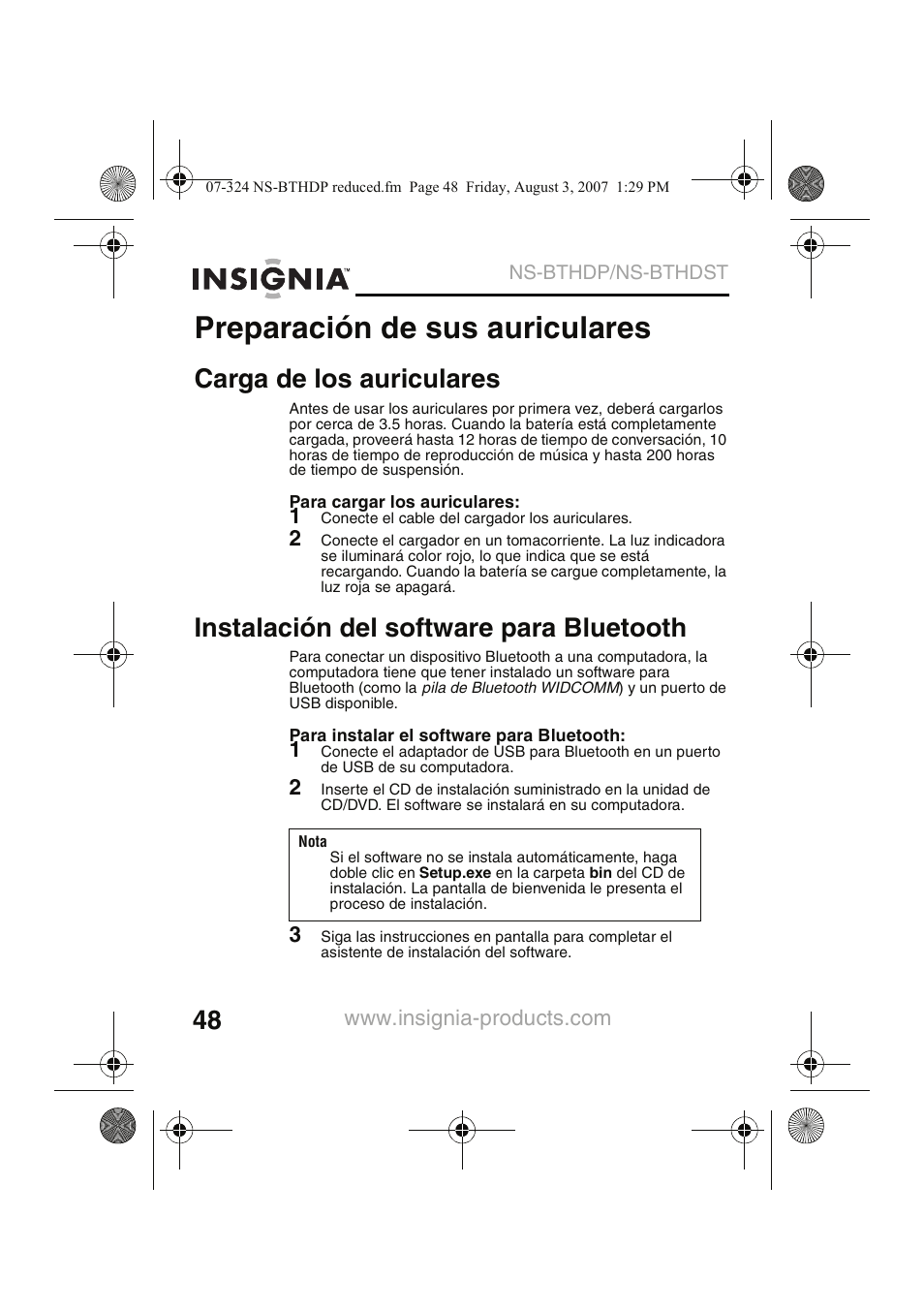 Preparación de sus auriculares, Carga de los auriculares, Instalación del software para bluetooth | Insignia NS-BTHDST User Manual | Page 50 / 72