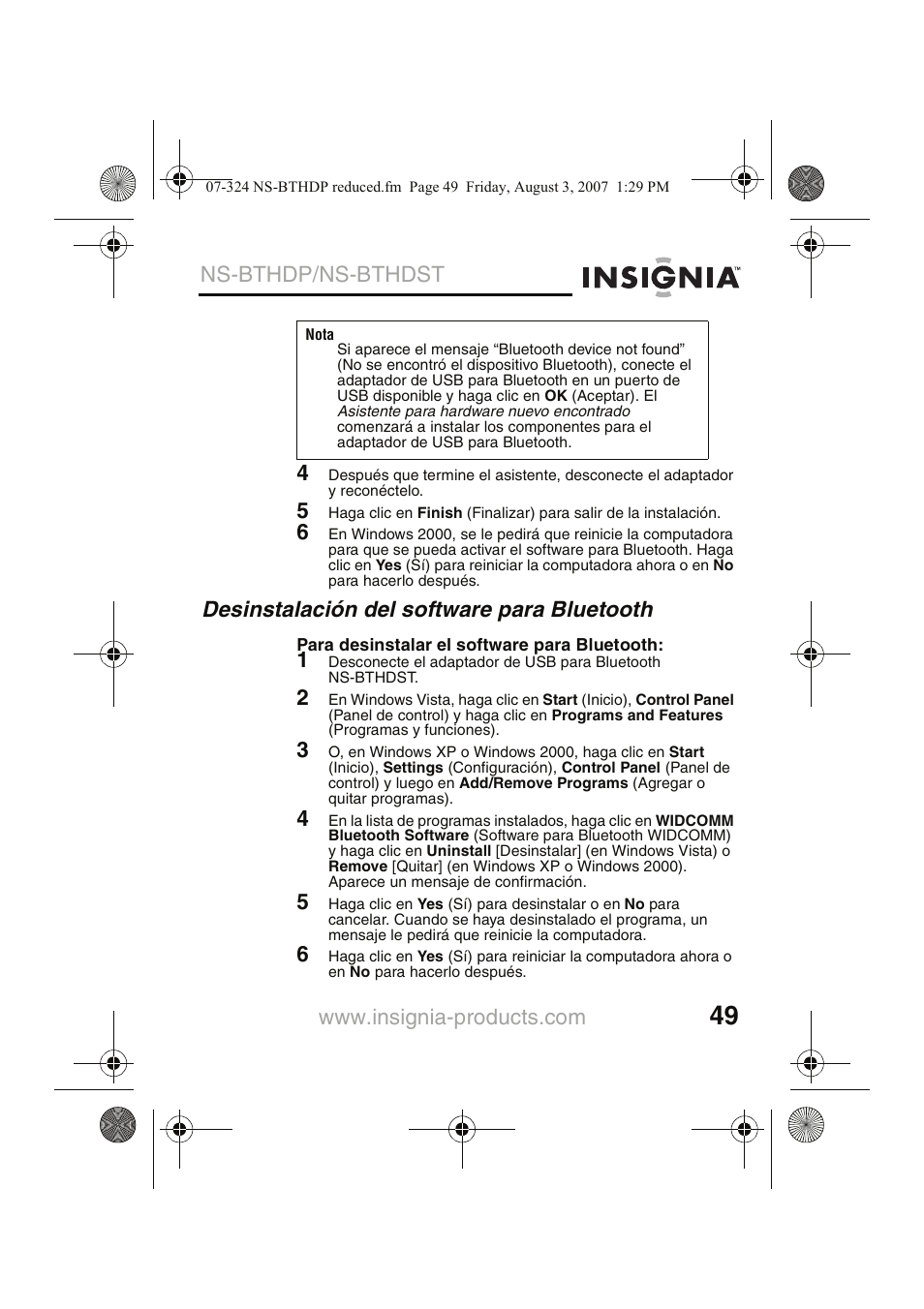 Desinstalación del software para bluetooth, Ns-bthdp/ns-bthdst | Insignia NS-BTHDST User Manual | Page 51 / 72