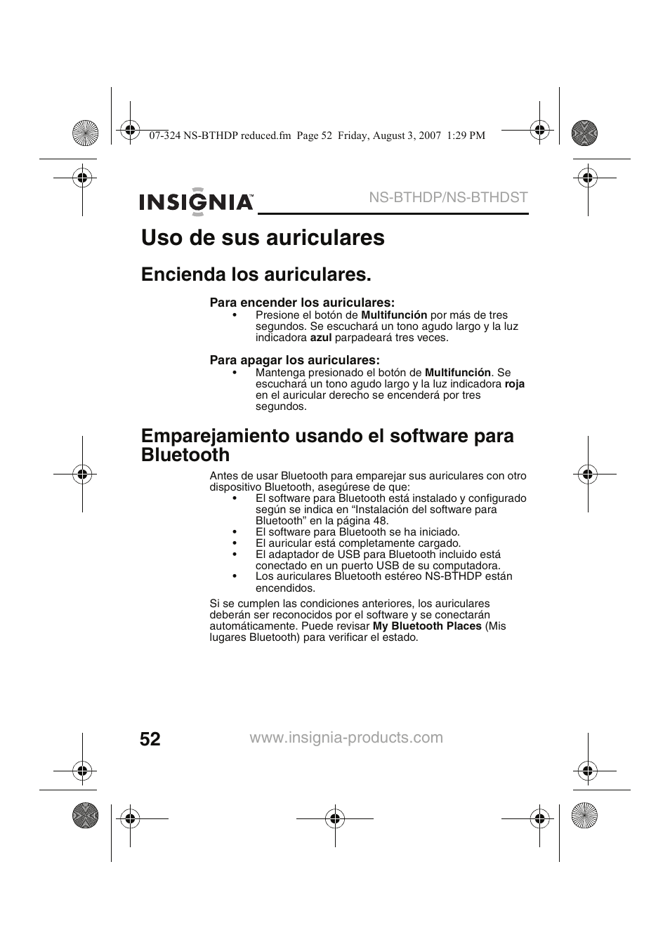 Uso de sus auriculares, Encienda los auriculares, Emparejamiento usando el software para bluetooth | Insignia NS-BTHDST User Manual | Page 54 / 72