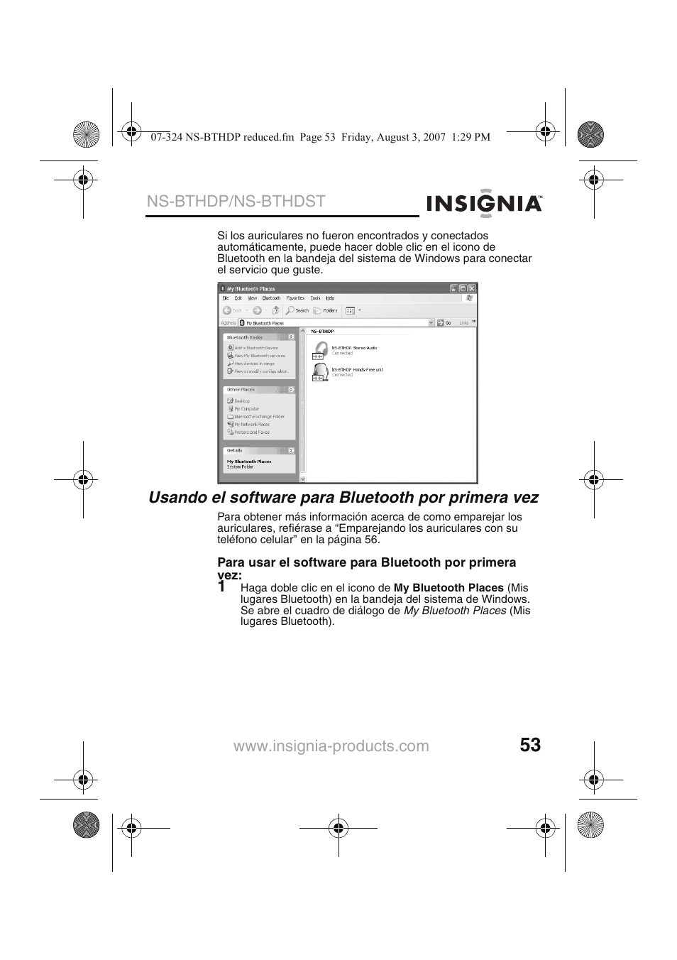 Usando el software para bluetooth por primera vez, Ns-bthdp/ns-bthdst | Insignia NS-BTHDST User Manual | Page 55 / 72