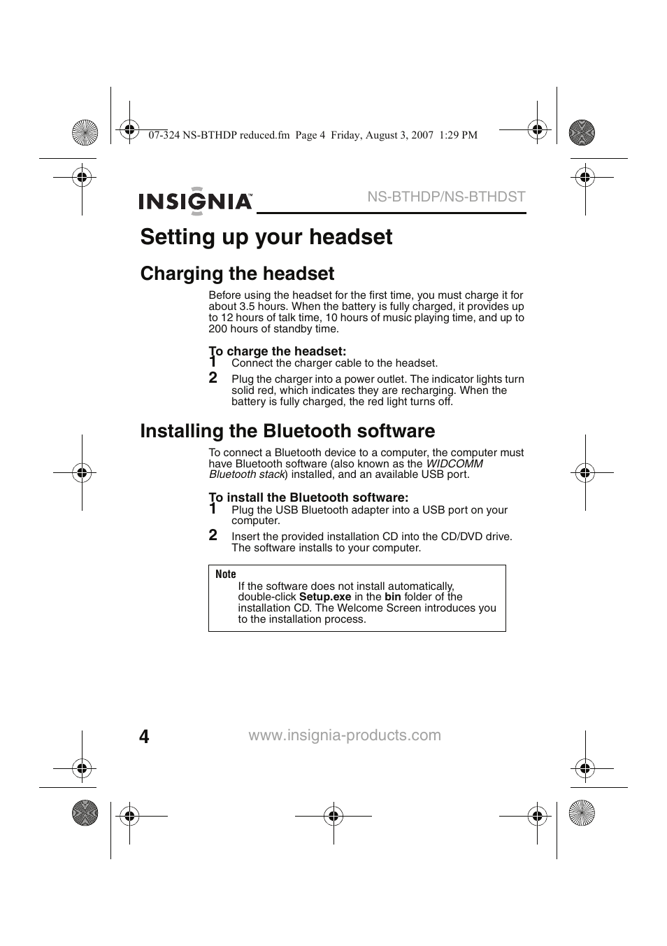Setting up your headset, Charging the headset, Installing the bluetooth software | Insignia NS-BTHDST User Manual | Page 6 / 72
