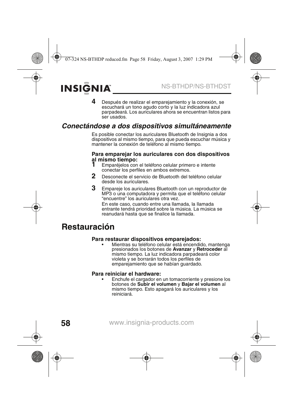 Restauración, Conectándose a dos dispositivos simultáneamente | Insignia NS-BTHDST User Manual | Page 60 / 72