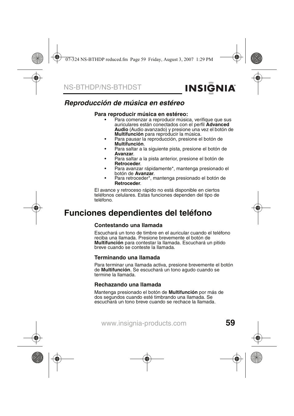 Funciones dependientes del teléfono, Reproducción de música en estéreo, Ns-bthdp/ns-bthdst | Insignia NS-BTHDST User Manual | Page 61 / 72