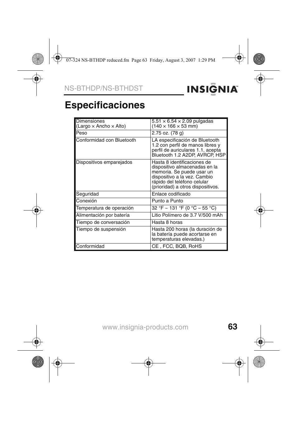 Especificaciones, Ns-bthdp/ns-bthdst | Insignia NS-BTHDST User Manual | Page 65 / 72