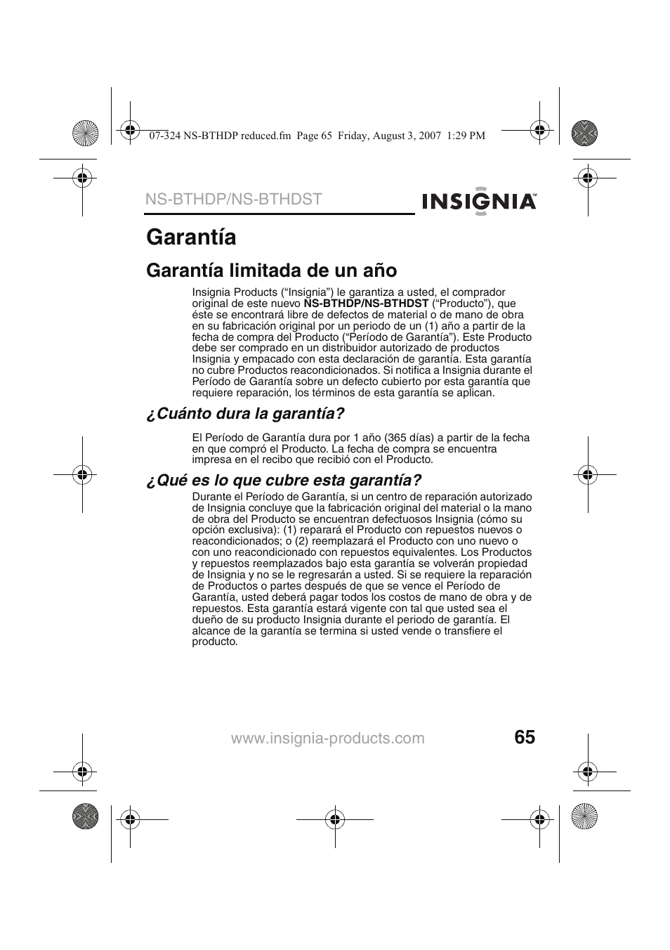 Garantía, Garantía limitada de un año | Insignia NS-BTHDST User Manual | Page 67 / 72