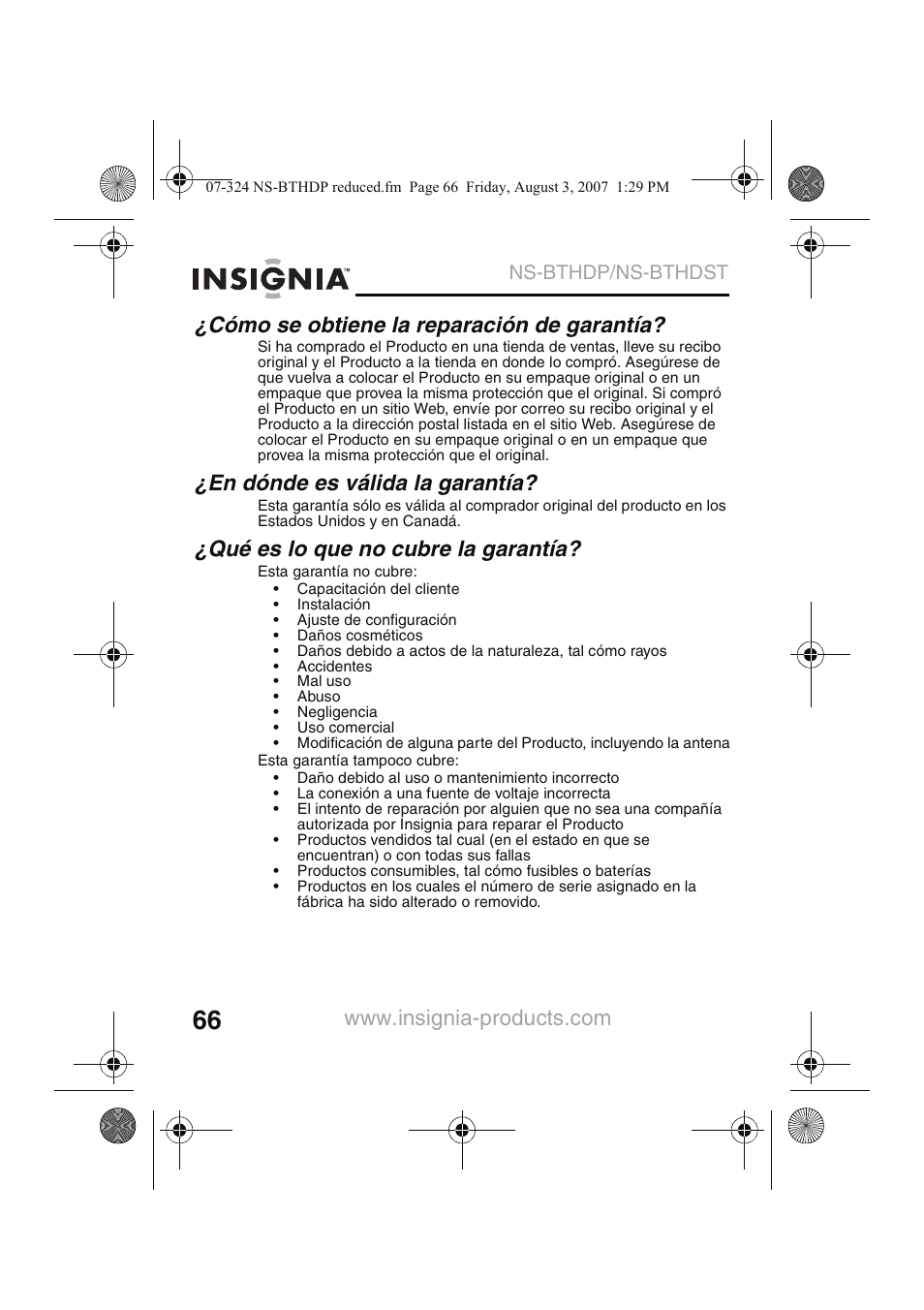 Cómo se obtiene la reparación de garantía, En dónde es válida la garantía, Qué es lo que no cubre la garantía | Ns-bthdp/ns-bthdst | Insignia NS-BTHDST User Manual | Page 68 / 72
