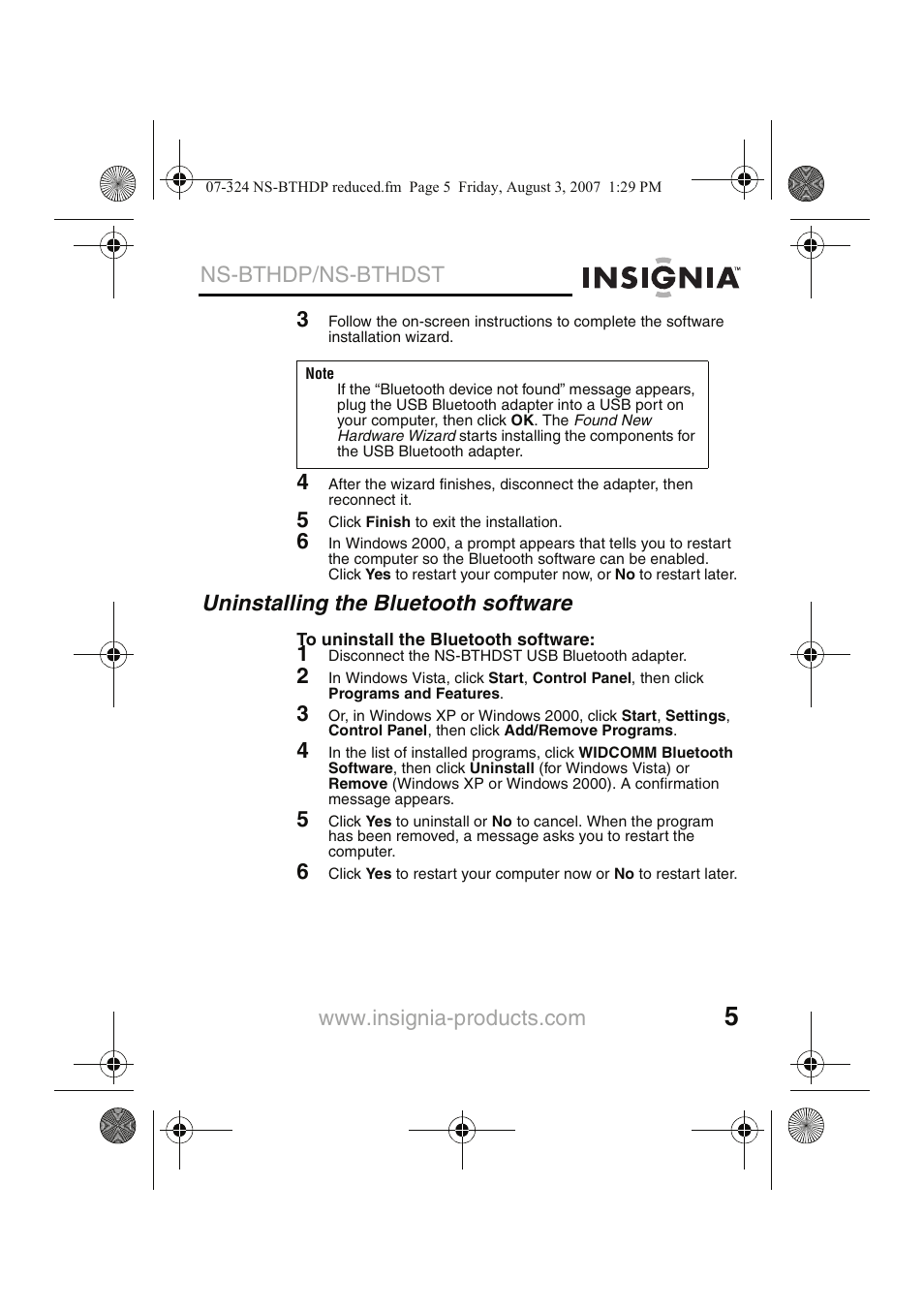 Uninstalling the bluetooth software, Ns-bthdp/ns-bthdst | Insignia NS-BTHDST User Manual | Page 7 / 72