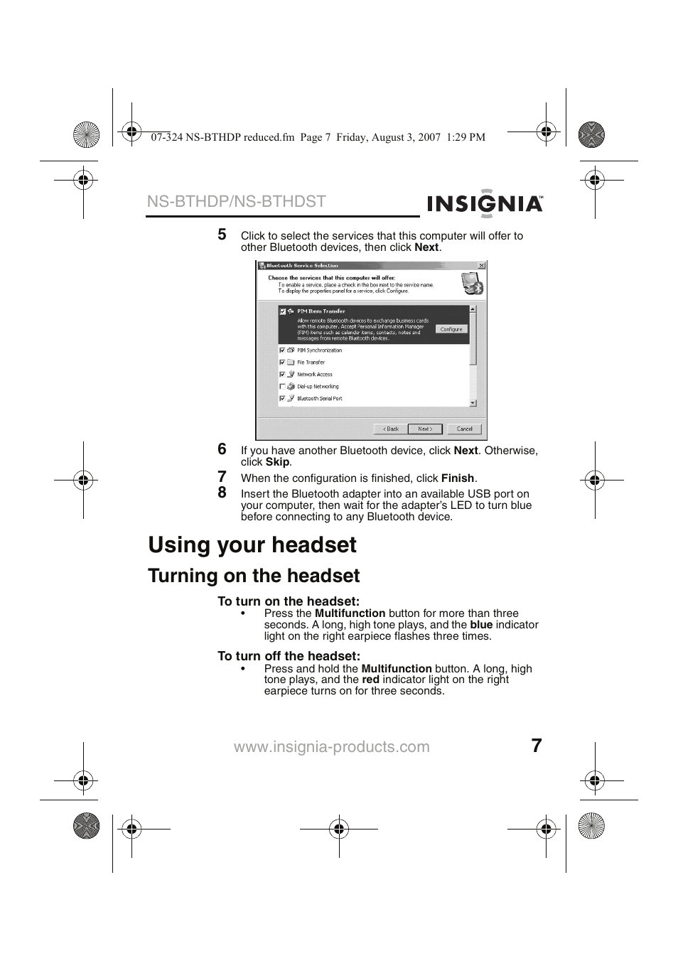 Using your headset, Turning on the headset | Insignia NS-BTHDST User Manual | Page 9 / 72