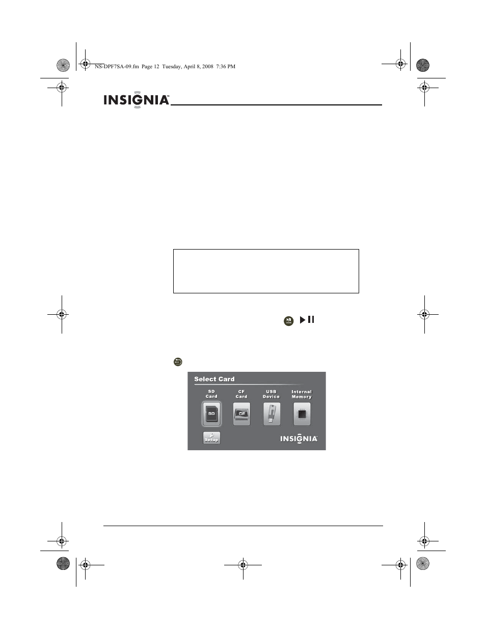 Using your frame, Playing slide shows, To play an instant slide show from a memory card | Insignia NS-DPF8WA-09 User Manual | Page 12 / 76