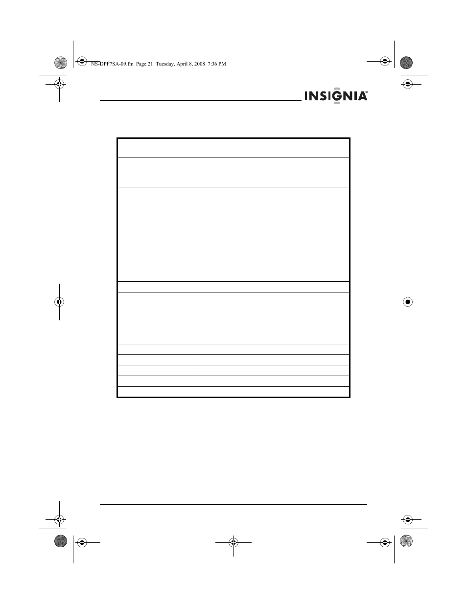 Specifications | Insignia NS-DPF8WA-09 User Manual | Page 21 / 76