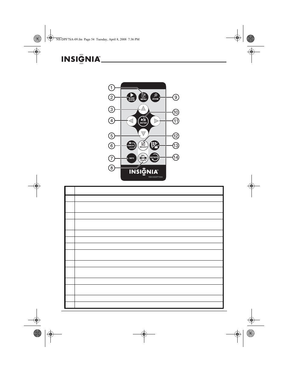 Control remoto | Insignia NS-DPF8WA-09 User Manual | Page 54 / 76