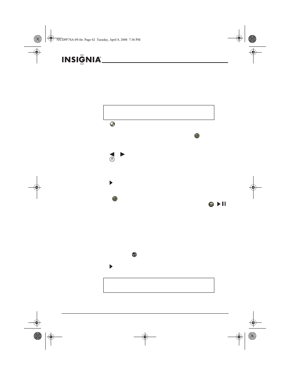 Personalización de las presentaciones, Personalización de la visualización de fotos, Para girar una foto | Insignia NS-DPF8WA-09 User Manual | Page 62 / 76