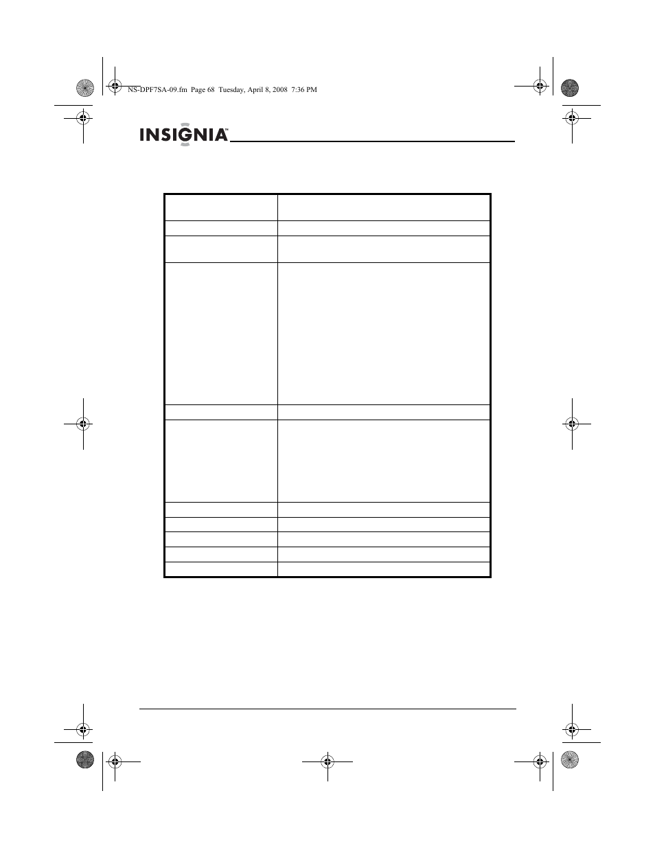 Especificaciones | Insignia NS-DPF8WA-09 User Manual | Page 68 / 76