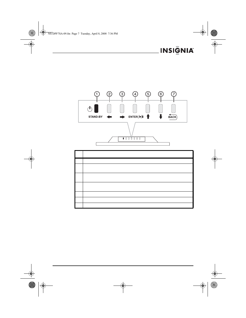 Buttons | Insignia NS-DPF8WA-09 User Manual | Page 7 / 76