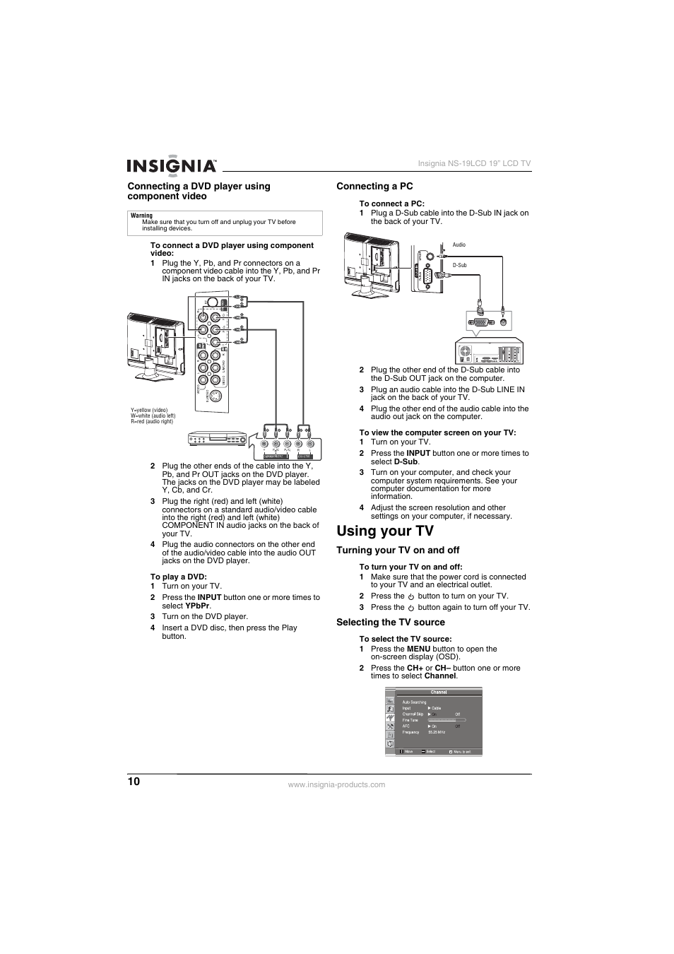 Using your tv | Insignia NS-19LCD User Manual | Page 10 / 72