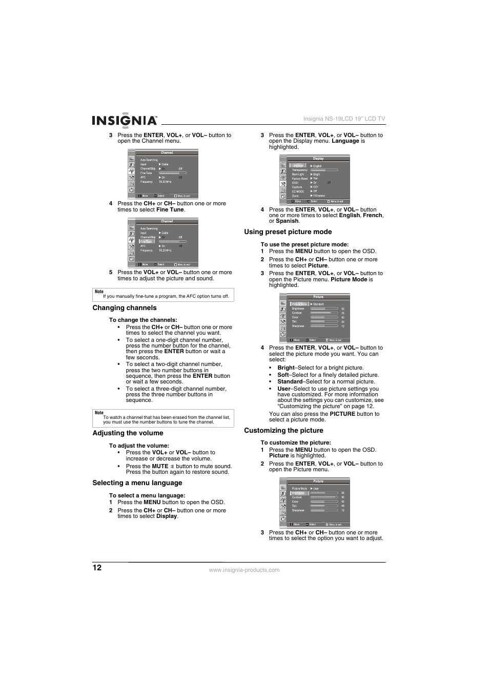 Insignia NS-19LCD User Manual | Page 12 / 72