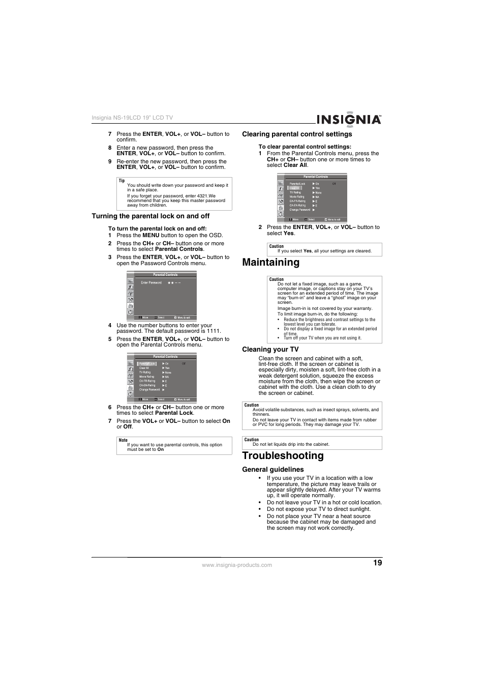 Maintaining, Troubleshooting | Insignia NS-19LCD User Manual | Page 19 / 72