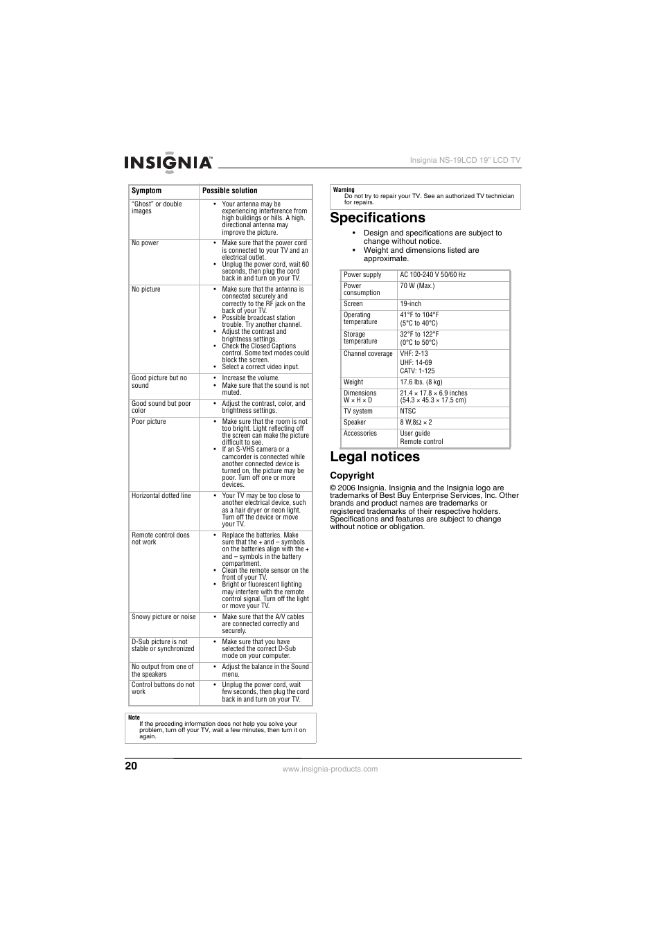 Specifications, Legal notices | Insignia NS-19LCD User Manual | Page 20 / 72