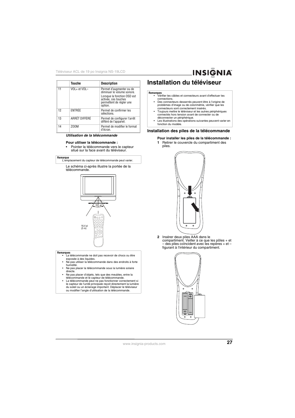 Installation du téléviseur | Insignia NS-19LCD User Manual | Page 27 / 72