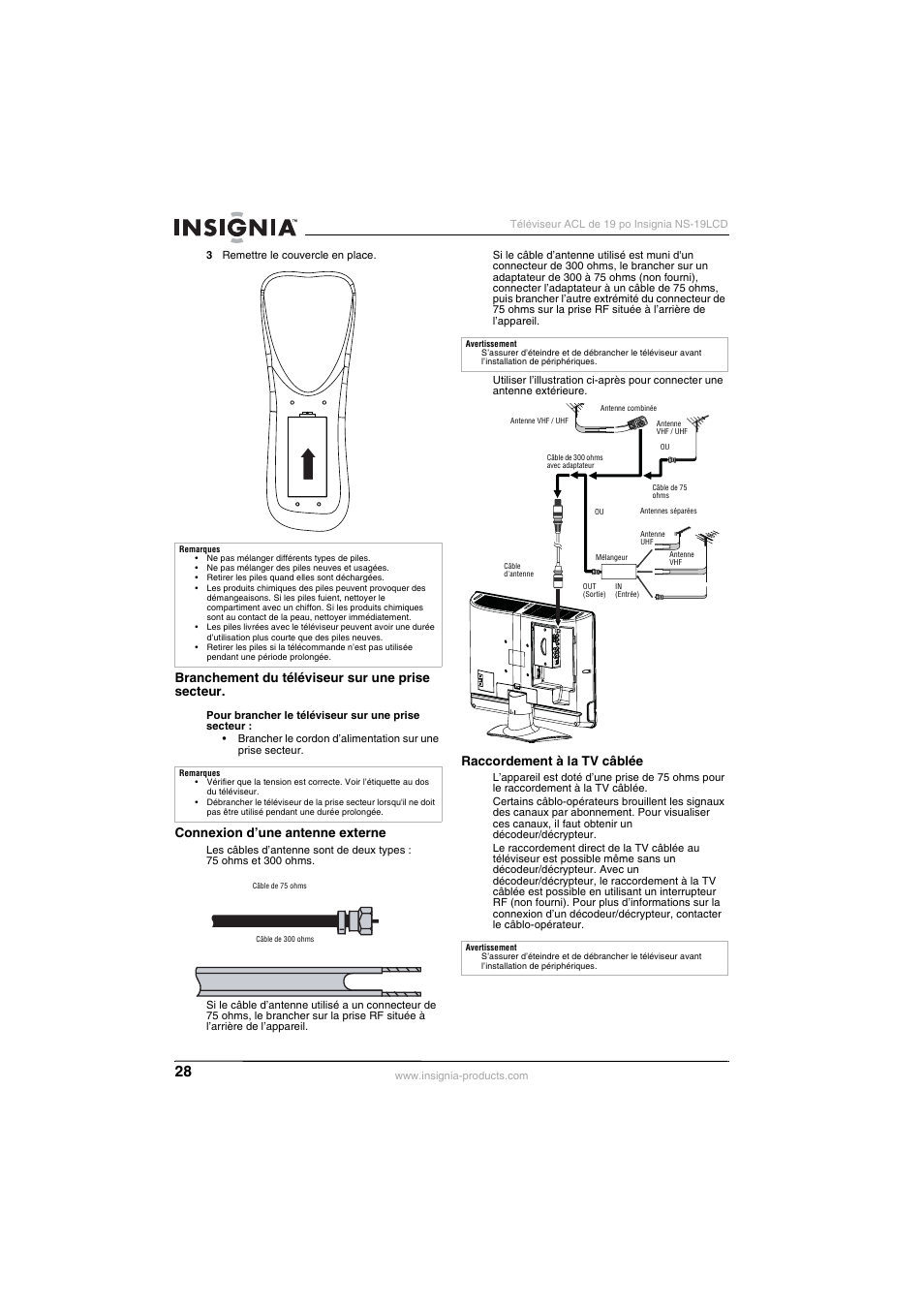 Branchement du téléviseur sur une prise secteur, Connexion d’une antenne externe, Raccordement à la tv câblée | Insignia NS-19LCD User Manual | Page 28 / 72