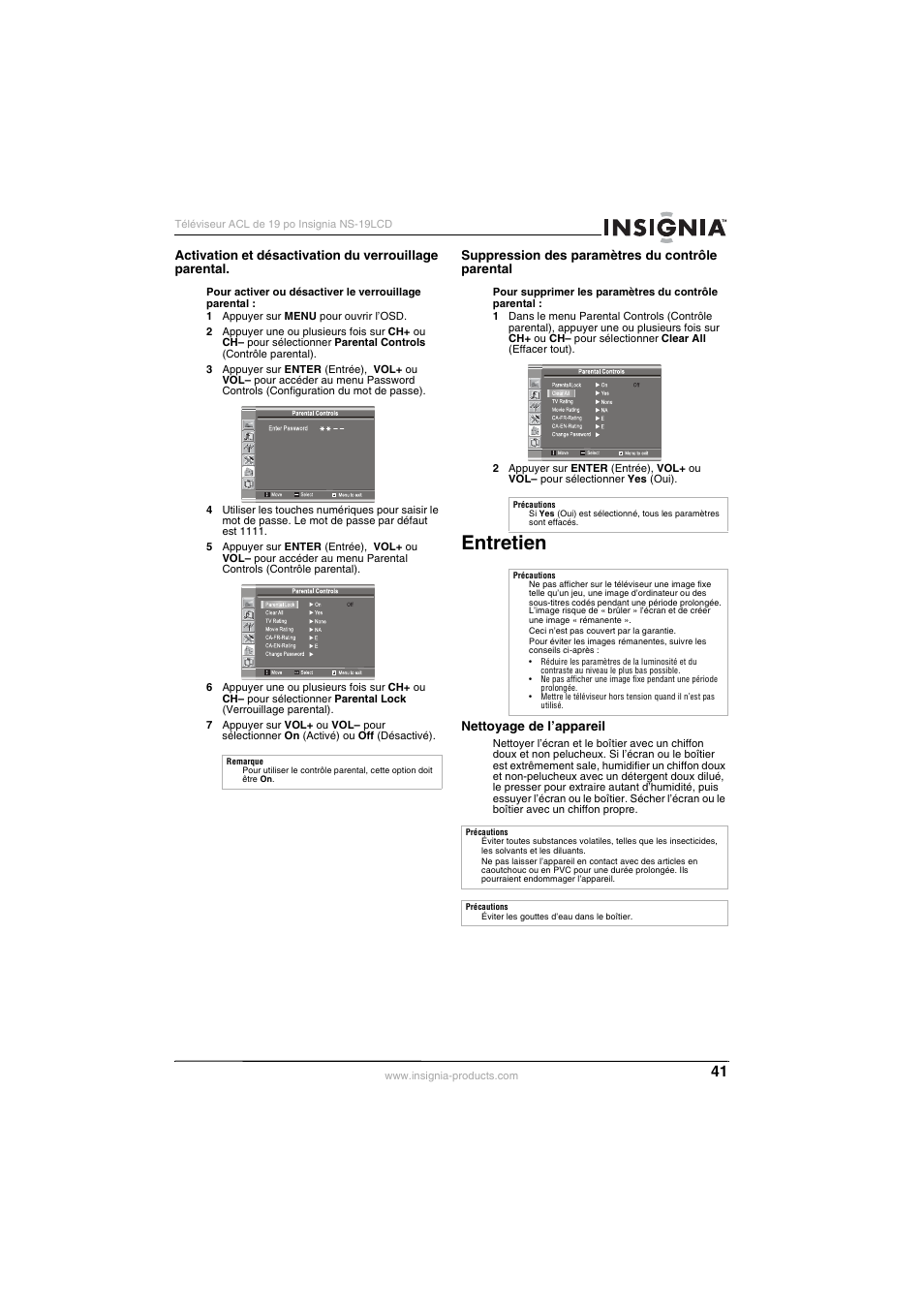 Entretien | Insignia NS-19LCD User Manual | Page 41 / 72