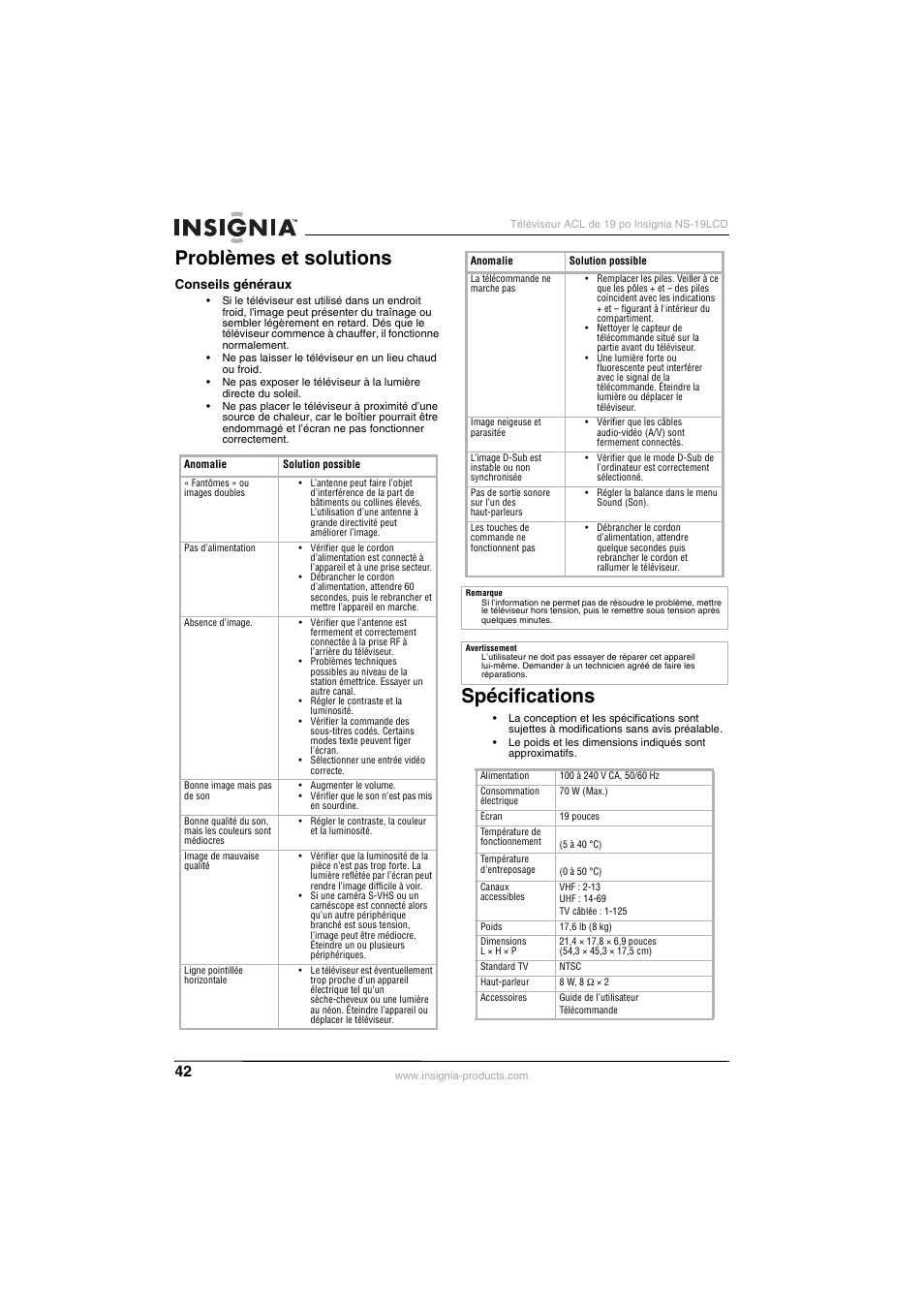 Problèmes et solutions, Spécifications | Insignia NS-19LCD User Manual | Page 42 / 72