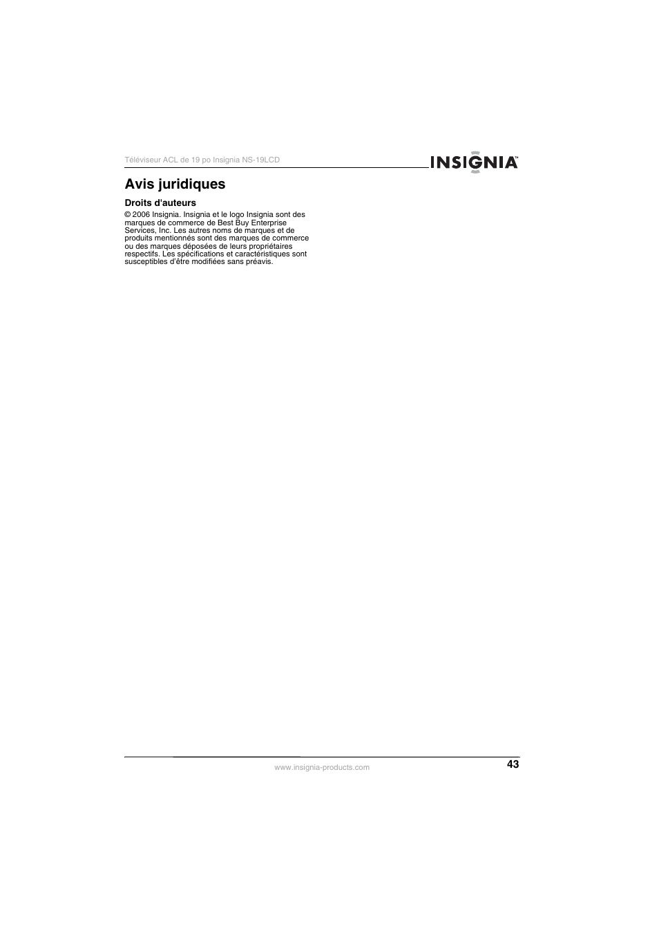 Avis juridiques | Insignia NS-19LCD User Manual | Page 43 / 72