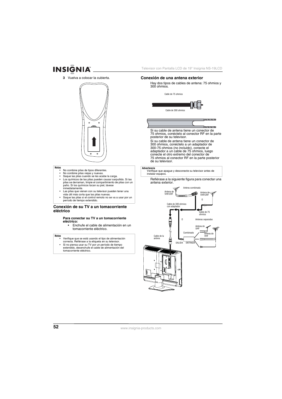 Conexión de su tv a un tomacorriente eléctrico, Conexión de una antena exterior | Insignia NS-19LCD User Manual | Page 52 / 72