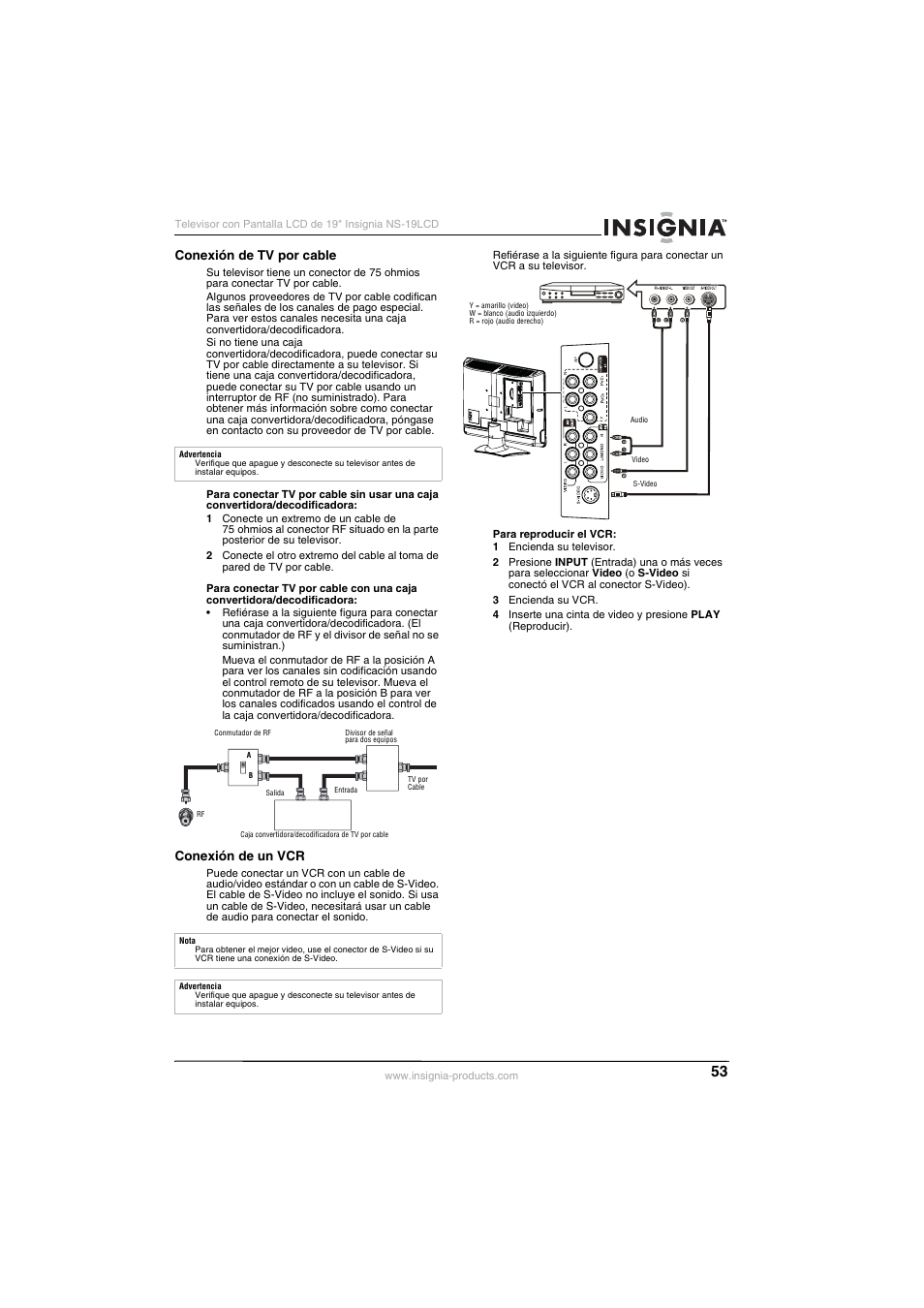 Conexión de tv por cable, Conexión de un vcr | Insignia NS-19LCD User Manual | Page 53 / 72