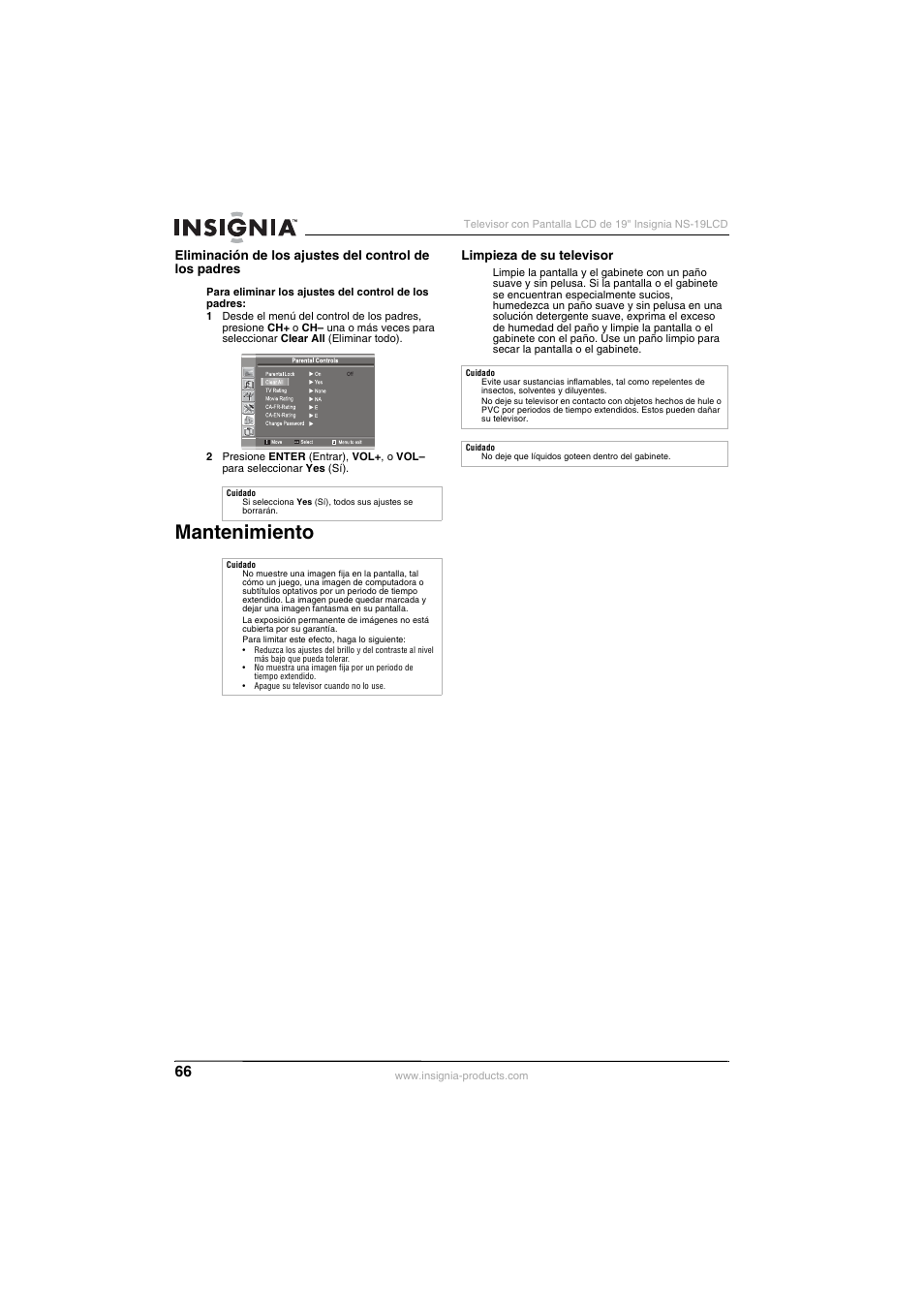 Mantenimiento | Insignia NS-19LCD User Manual | Page 66 / 72