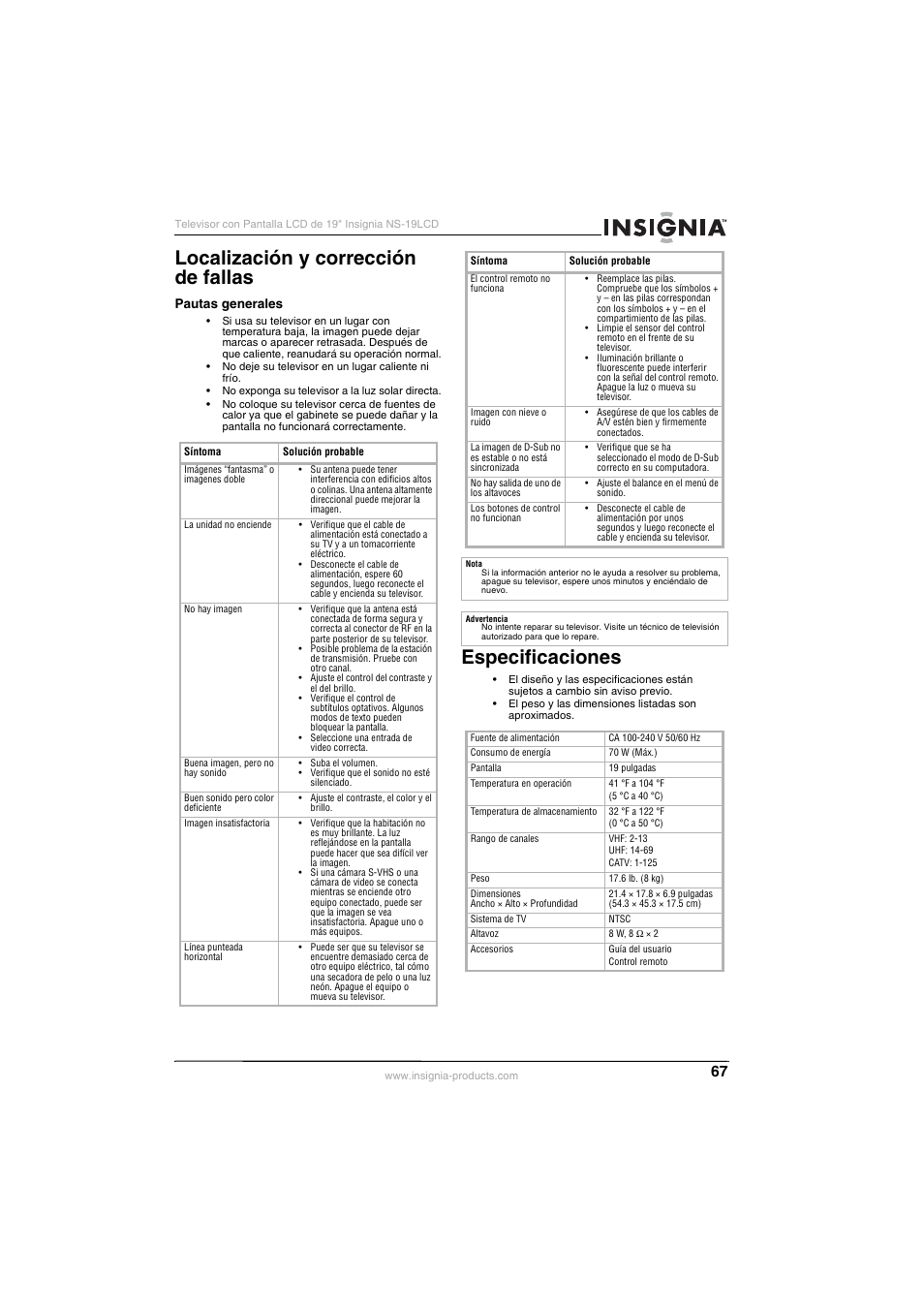 Localización y corrección de fallas, Especificaciones | Insignia NS-19LCD User Manual | Page 67 / 72