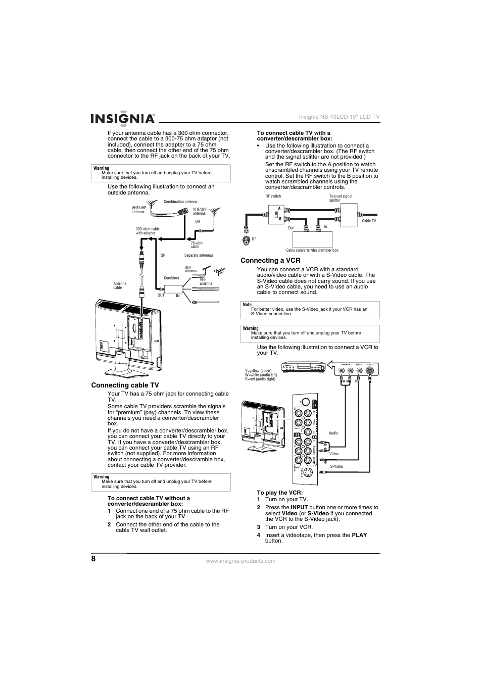 Connecting cable tv, Connecting a vcr | Insignia NS-19LCD User Manual | Page 8 / 72